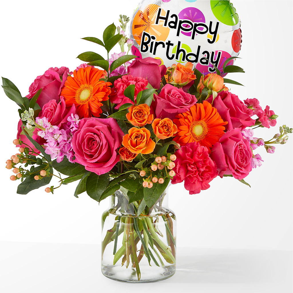 Fiesta Bouquet with Birthday Balloon – BLOSSOMS & BALLOONS FLORIST, Roseville CA