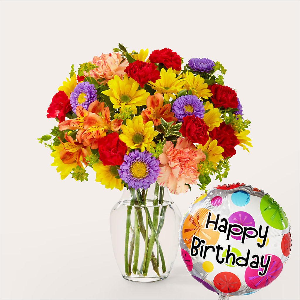 Kaleidoscope Bouquet with Birthday Balloon – BLOSSOMS & BALLOONS FLORIST, Roseville CA