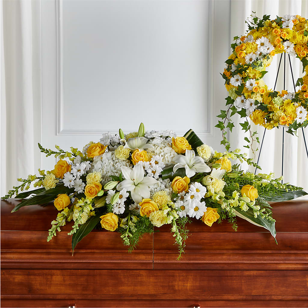 Golden Harmony Casket Spray – BLOSSOMS & BALLOONS FLORIST, Roseville CA
