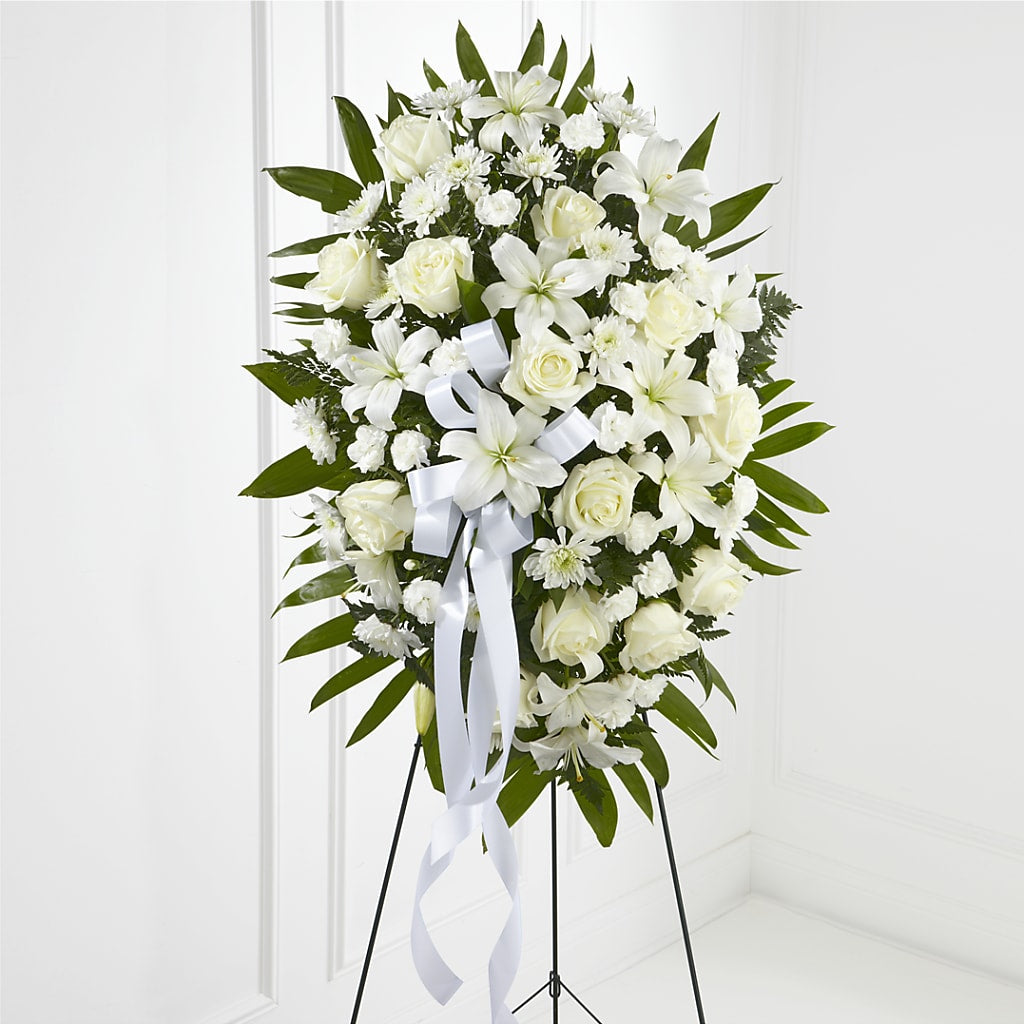 Exquisite Tribute Standing Spray-White Ribbon – BLOSSOMS & BALLOONS FLORIST, Roseville CA